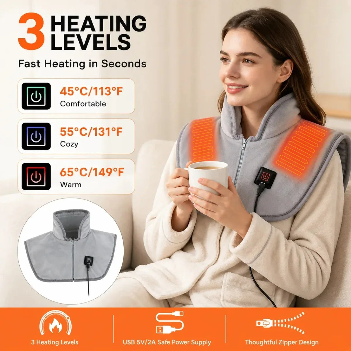 USB Heated Shawl with 3 Heat Settings, Zipper Heated Shoulder Wrap for Neck Back, Washable Warm Cape for Home Office Women